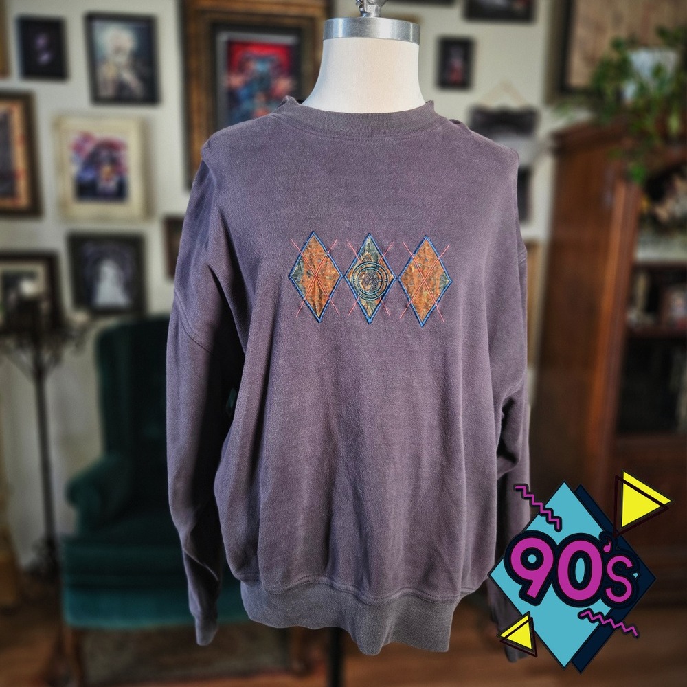 Hugo Boss Sweatshirt Vintage 90s XL Grey Embroidered Diamond Pullover Mens Rare